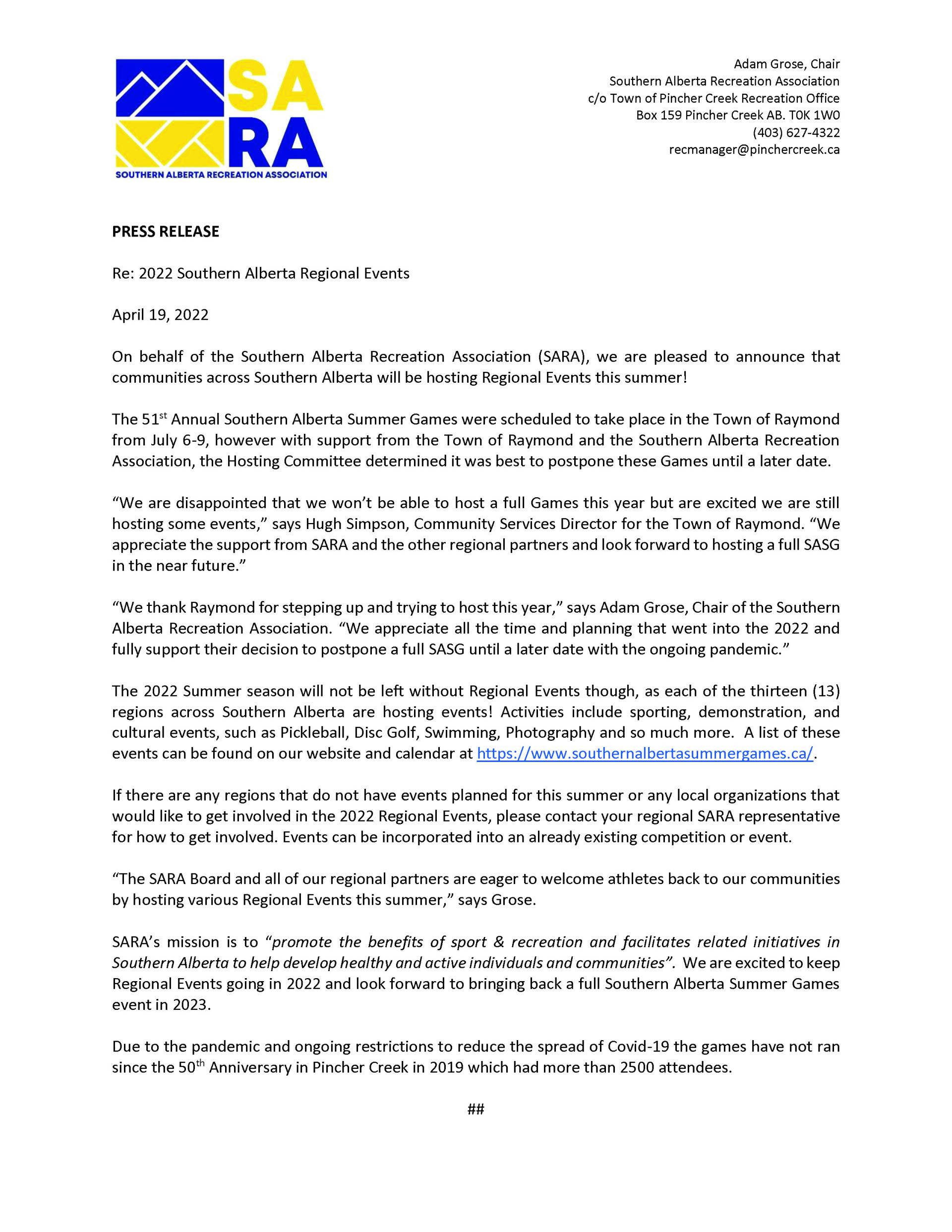 Press release about Regional Summer Games 2022.