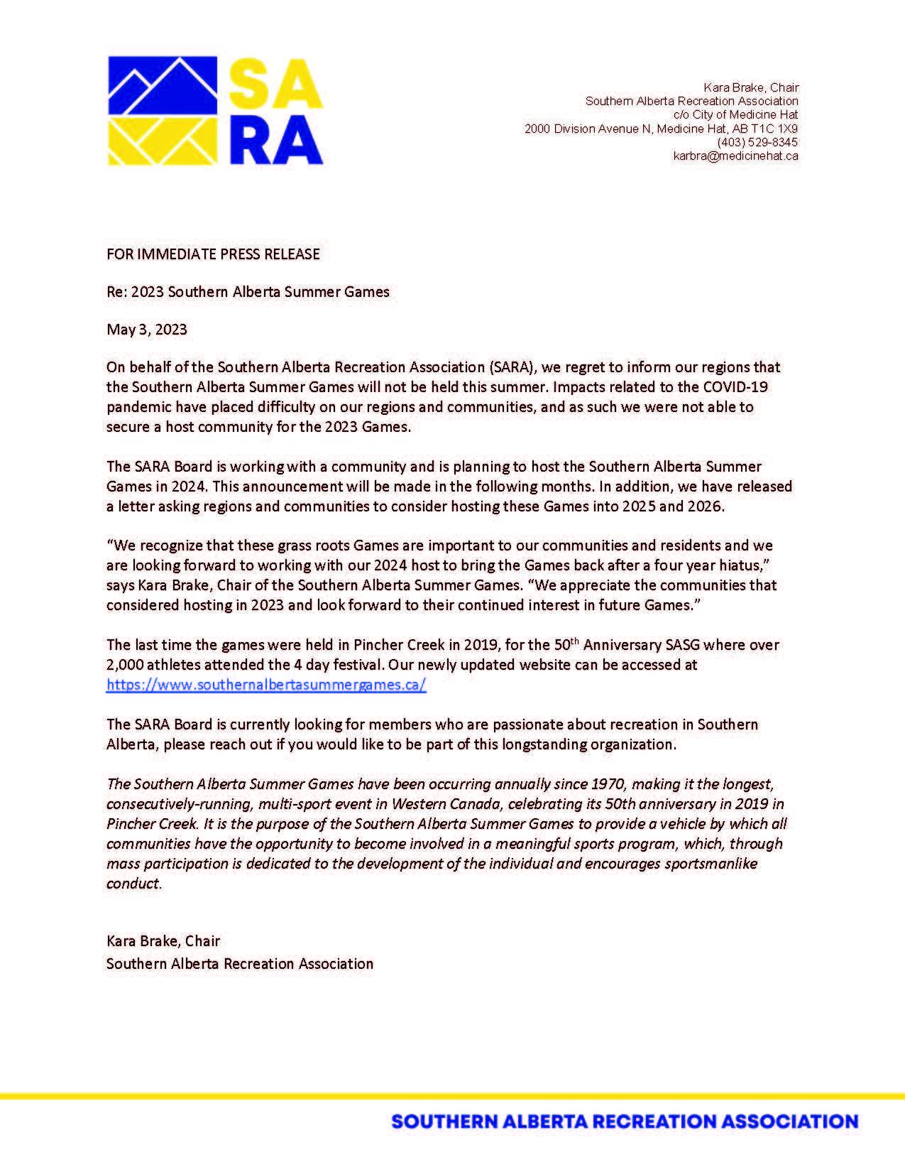 Media Release on 2023 Southern Alberta Summer Games.