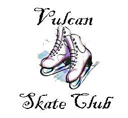 Vulcan Skate Club logo. There are two ice skates between Vulcan Skate Club" wording.