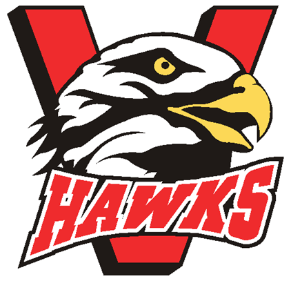 Logo for the Vulcan Hawks. There is a hawk in front of a red "V"