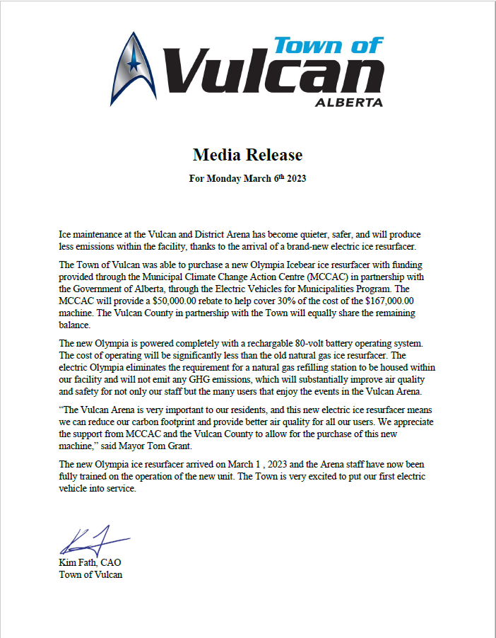 Media release about acquisition of new ice resurfacer.