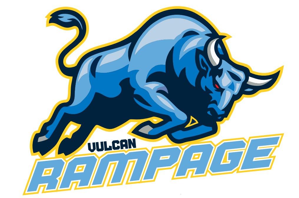 Vulcan Rampage logo. There is a blue bull mid sprint.